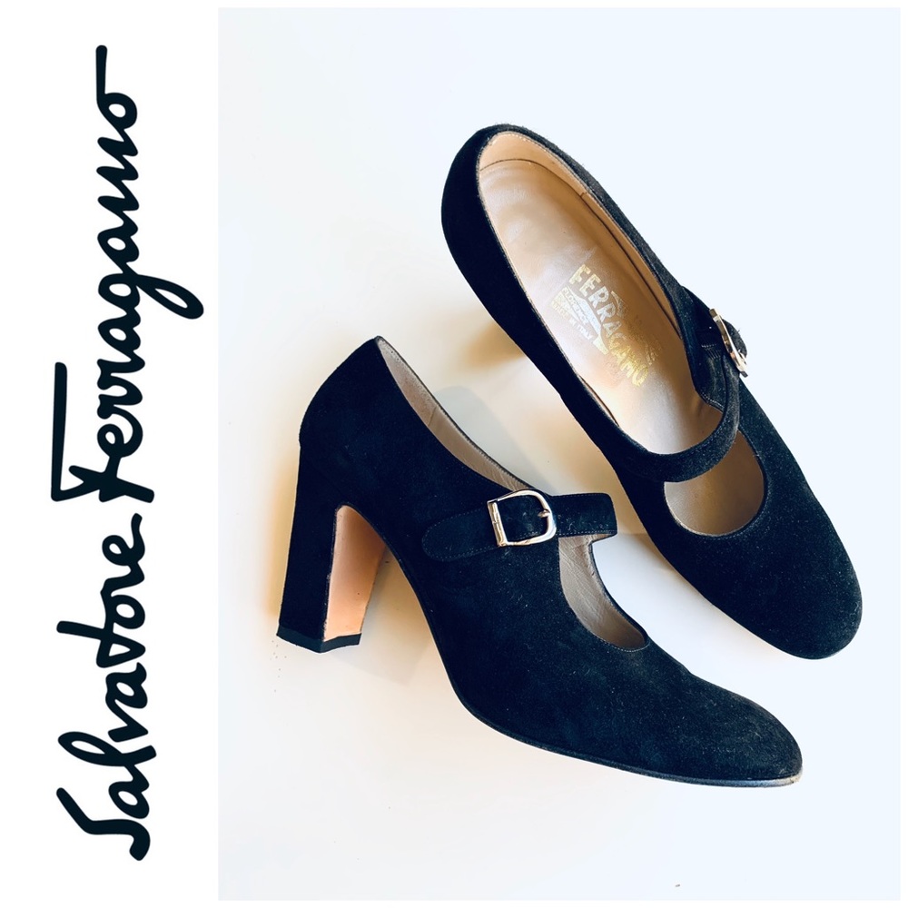 Salvatore Ferragamo black suede heels with buckle